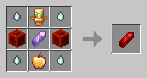 Amethyst shard in center, Four ghast tears in the corner, totem top middle, enchanted golden apple bottom middle, rest, two redstone blocks