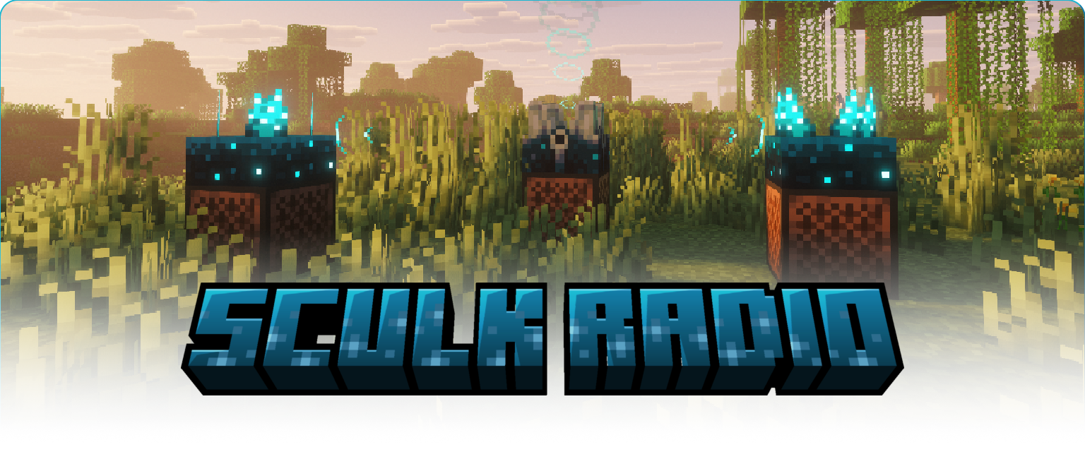 A jukebox with a sculk shrieker and 2 noteblocks with sculk sensors overlayed with a 3D logo of the mod name