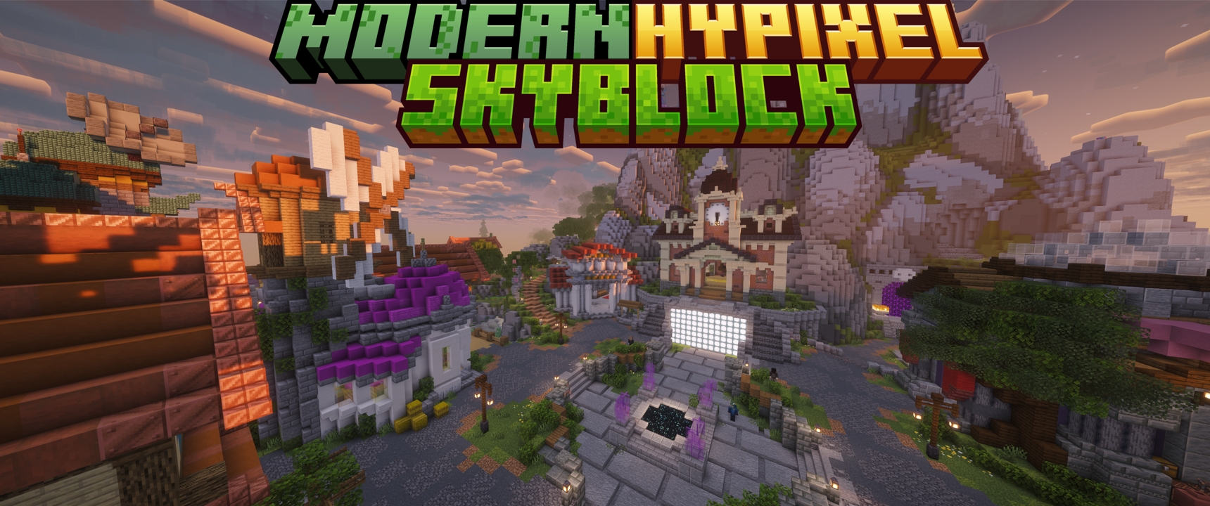 A screenshot of the Hypixel SkyBlock hub, at the top of the image is the text "Modern Hypixel SkyBlock"