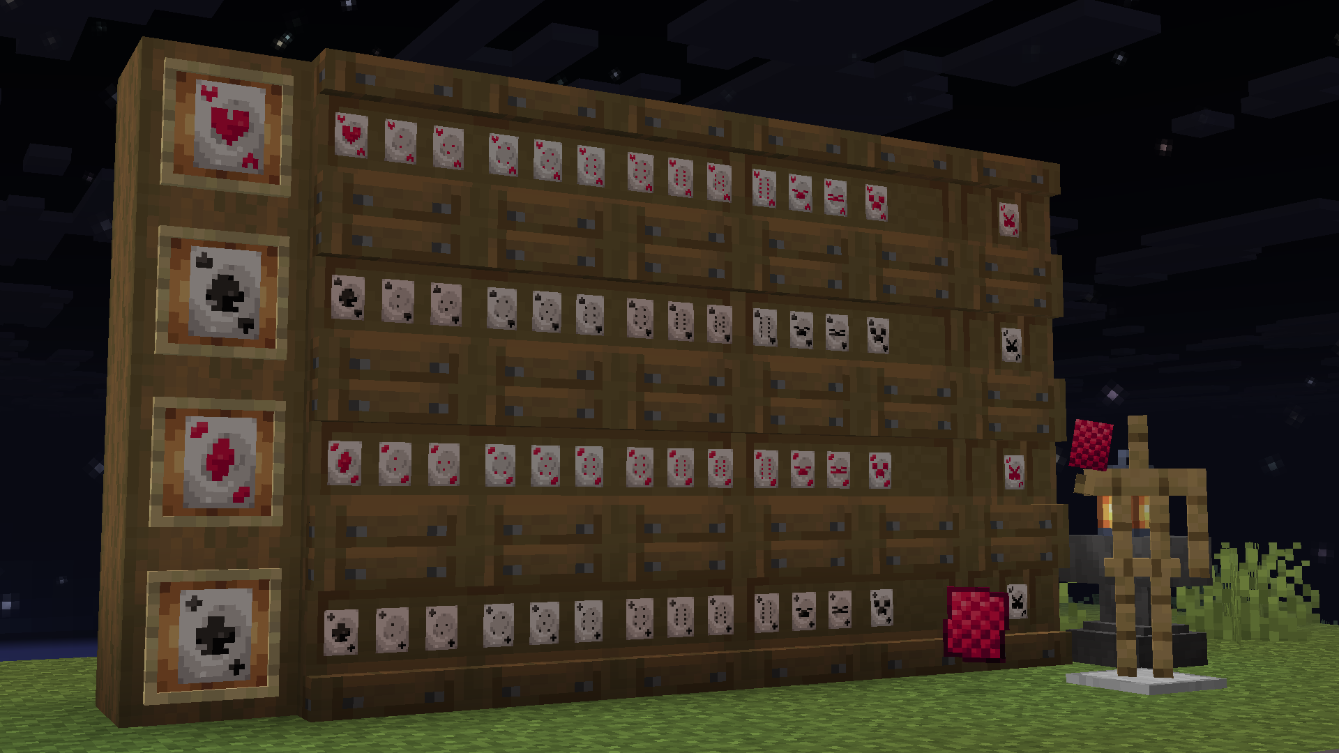 in game picture of all the cards displayed in item frames, shelves, and in armor stand's hands