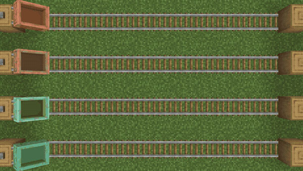 A race of four Copper Minecarts. The unaffected one reaches the finish and the most oxidized one stops near the start.