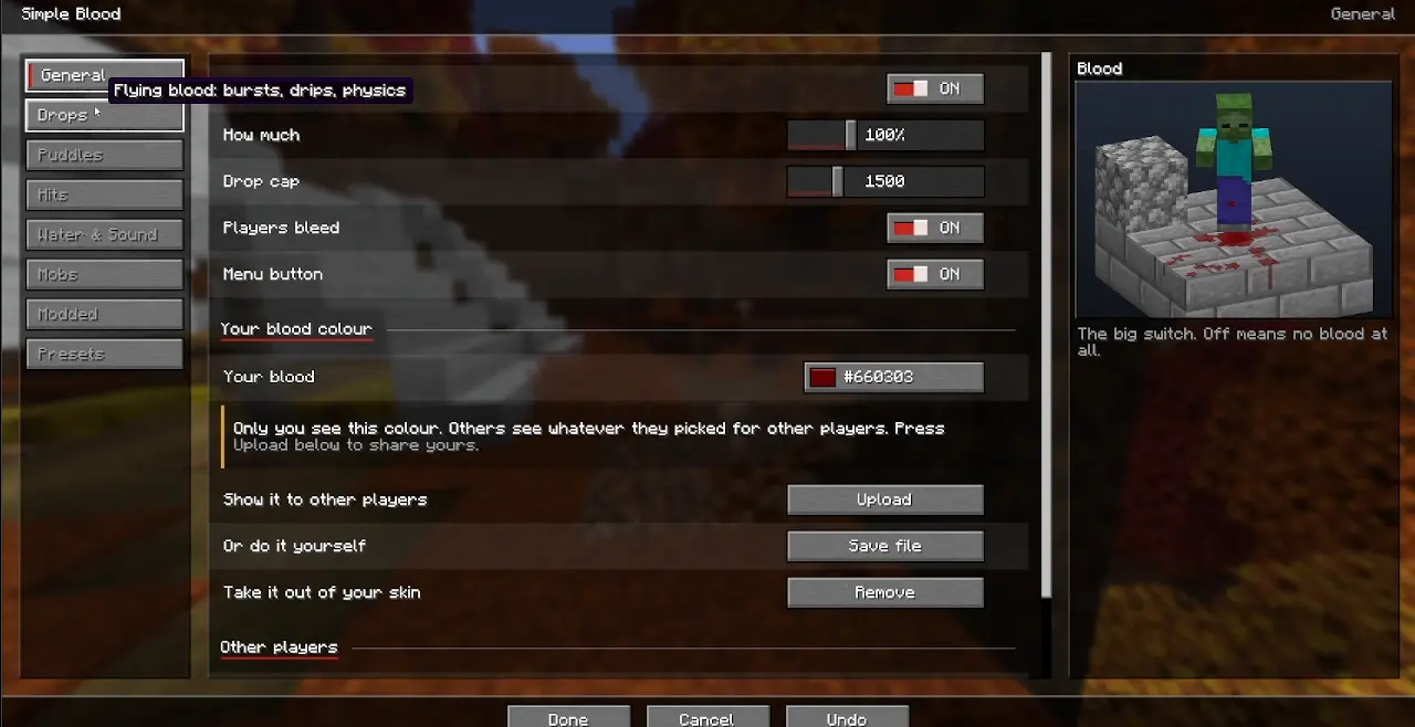 The settings screen