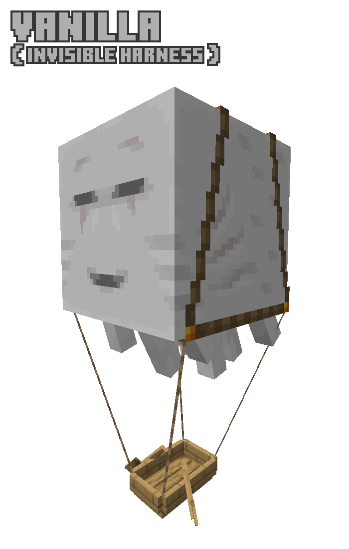 A looping GIF with four images. First: Vanilla rope texture & invisible harness. Second: Modded rope texture & invisible harness. Third: Vanilla rope & harness textures. Fourth: Modded rope & harness textures.