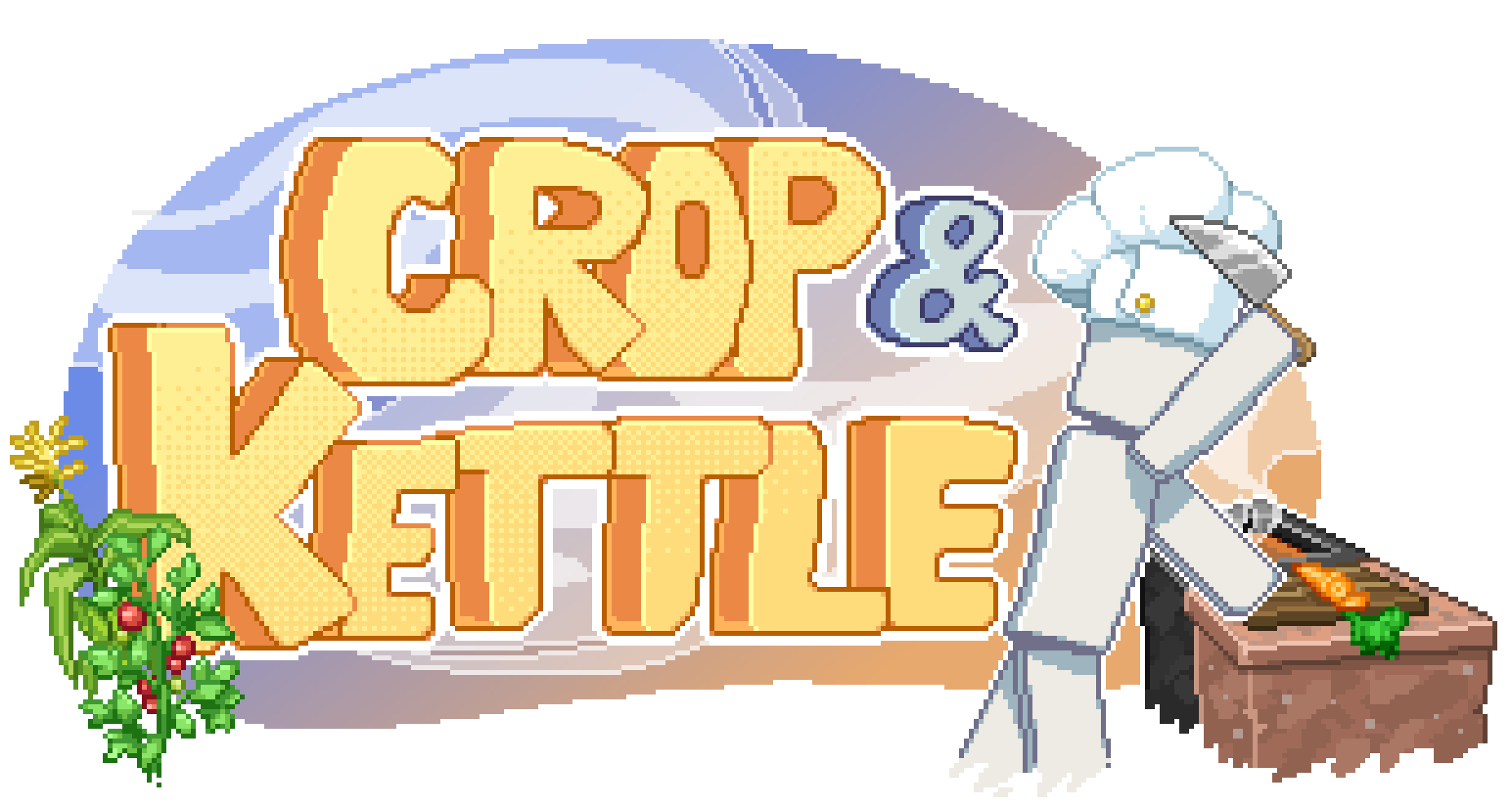 Large yellow text saying "Crop & Kettle", with a generic minecraft character (Mr. Kettle himself) standing to the right, chopping carrots on a chopping board.