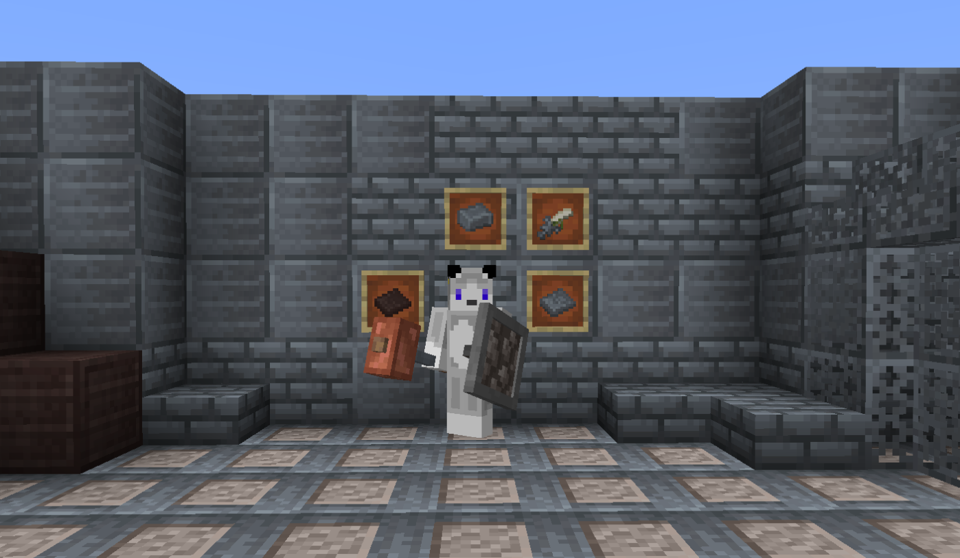 tattered scraps and titanium items are on the wall in item frames, there is a model with a shield and hammer in the center.