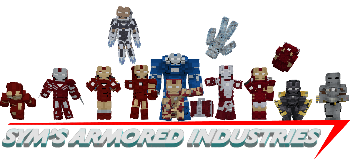 Poster of Sym's Armored Industries that showcases the many Iron Man Armors featured in the Mod