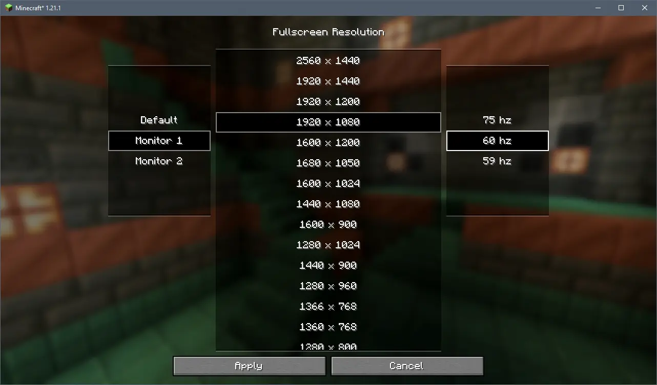 Screenshot of the resolution selector