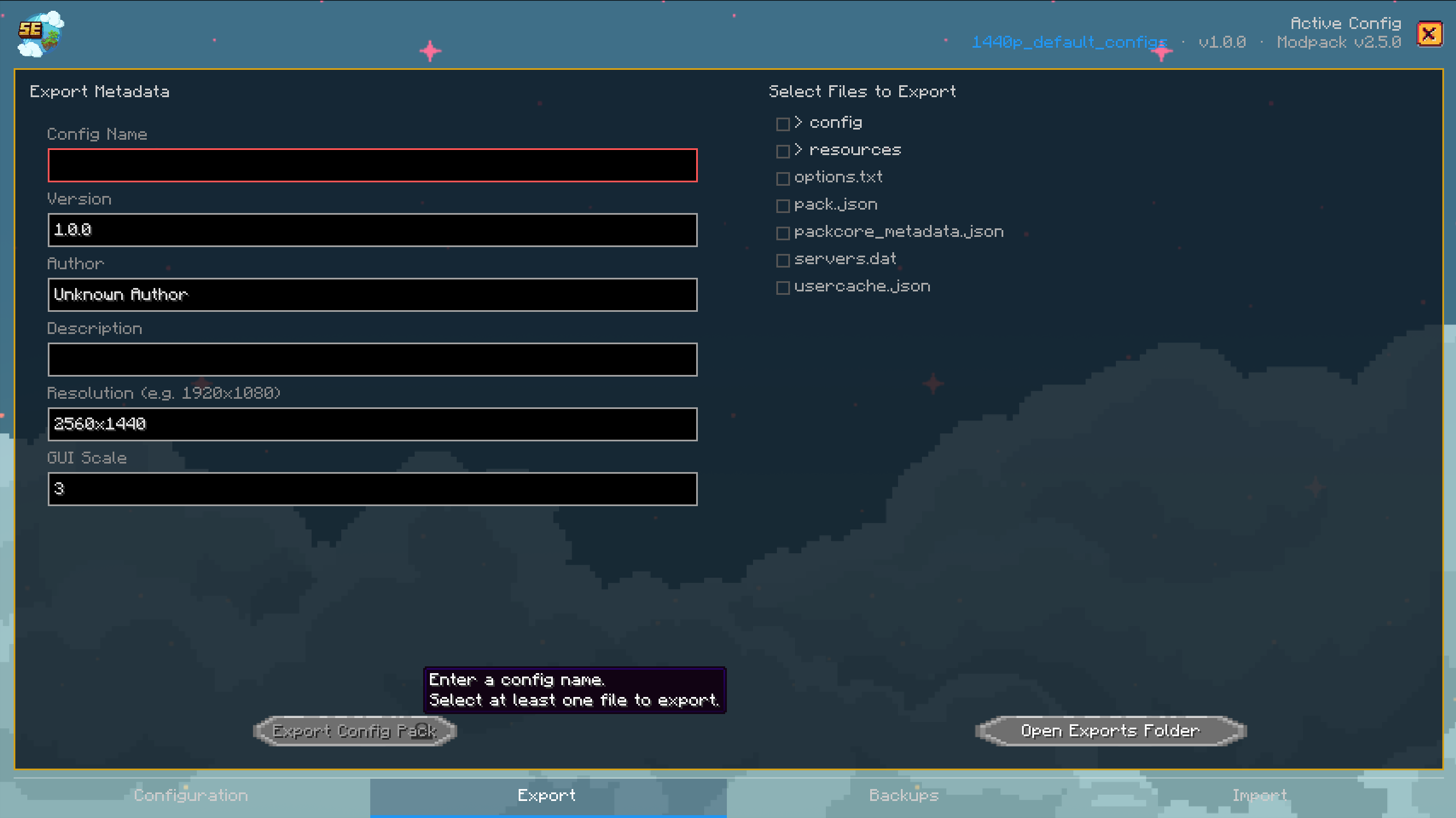 Config Manager export screen