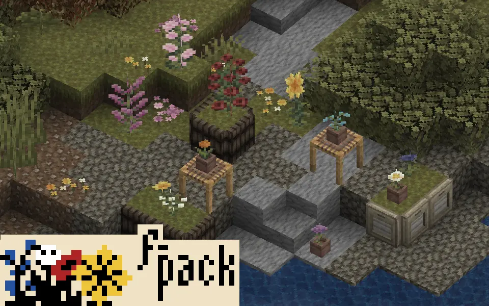 an assortment of flowers from the pack, some potted, some strewn on the ground, all at the side of a river