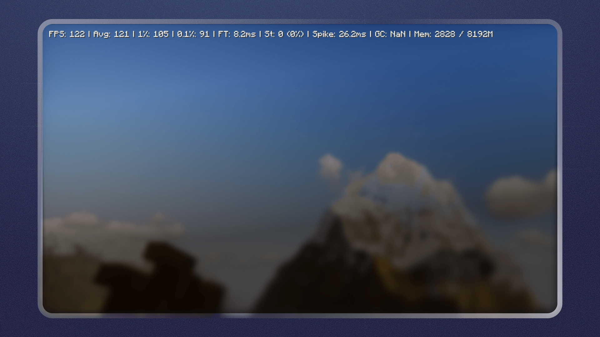 Minecraft performance overlay showing FPS, 1% and 0.1% lows, frametime, stutters, and frame spikes