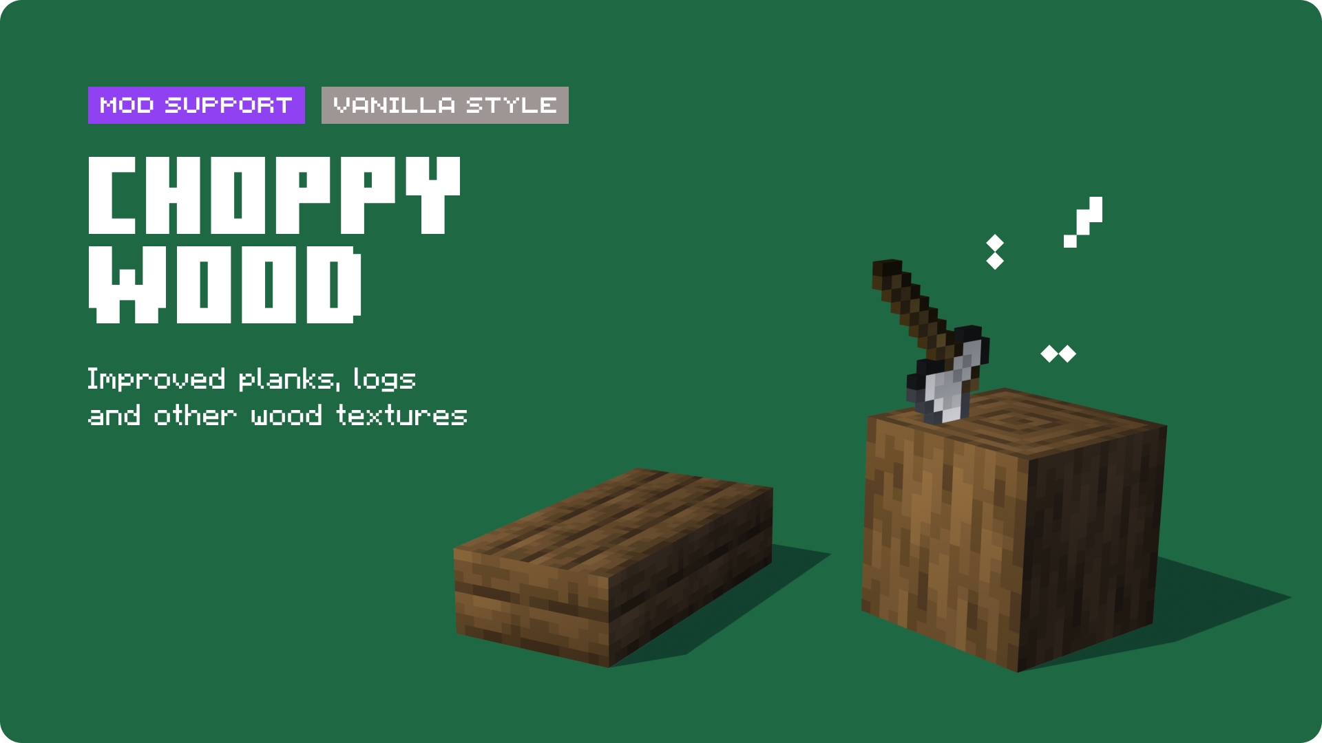 Cover image featuring title, description, spruce slabs and stripped spruce log with an axe embedded into it