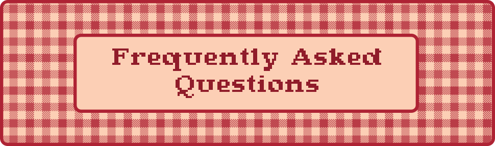 A rectangle of red & tan gingham, with a centered smaller rectangle of tan, with the text Frequently Asked Questions