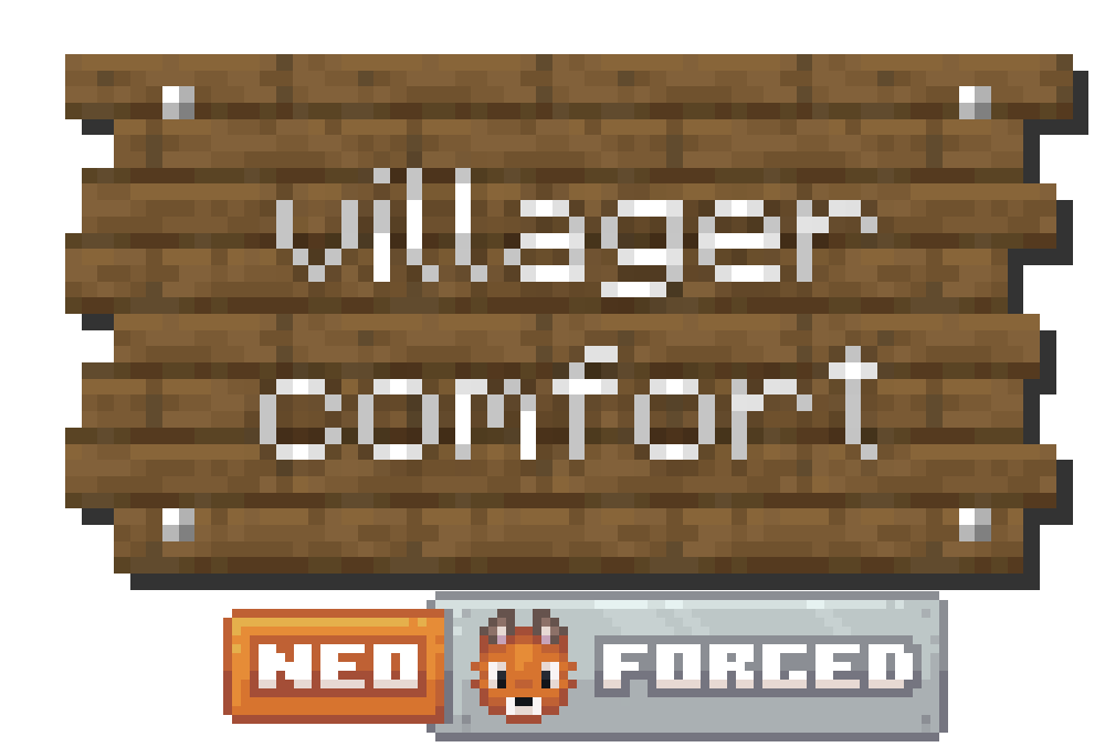 The text "villger comfort" in the Minecraft font, atop the spruce planks texture. Beneath it is theNeoforged logo.