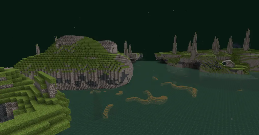 limestone islands covered in moss float above a bottomless pool of water. large spires are scattered across the islands