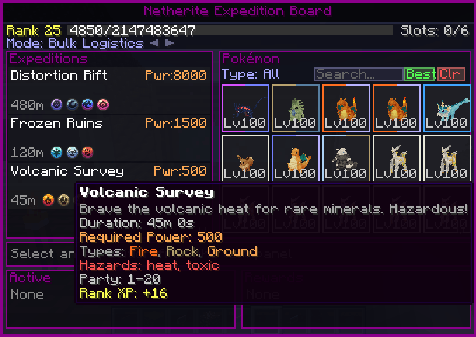 The Board Block interface. we can see the rank of the player, the available expeditions and the available pokemons to send on them. The mouse is hovering on an expedition and it shows a tooltip with more details like Party Size and Rank XP awarded.