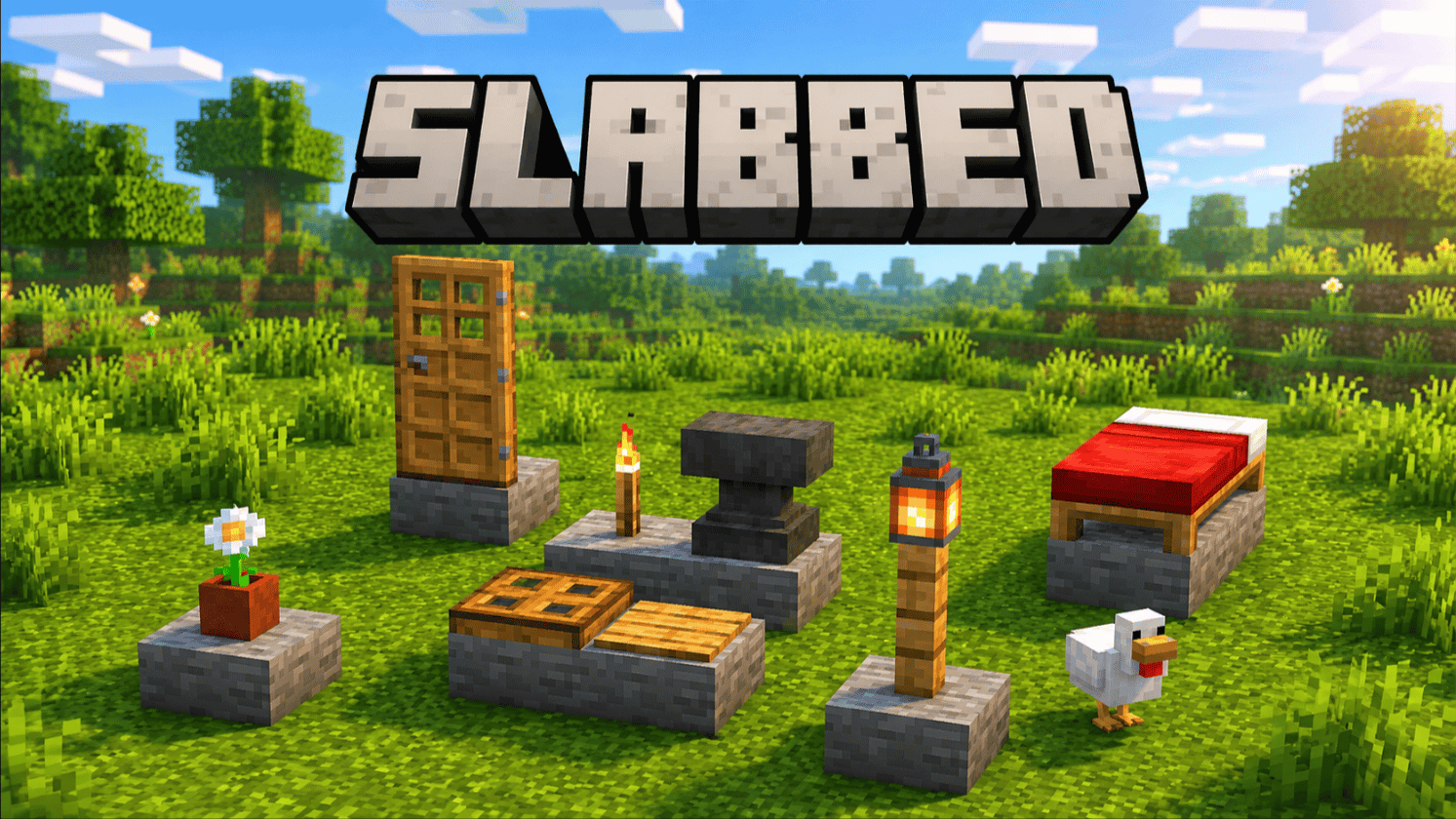 SLABBED โ a Minecraft promo banner: blocky white "SLABBED" lettering over sunset hills, with torches, lanterns, a bed, a crafting table, a flower pot, a door, and a chicken all sitting happily on stone slabs.