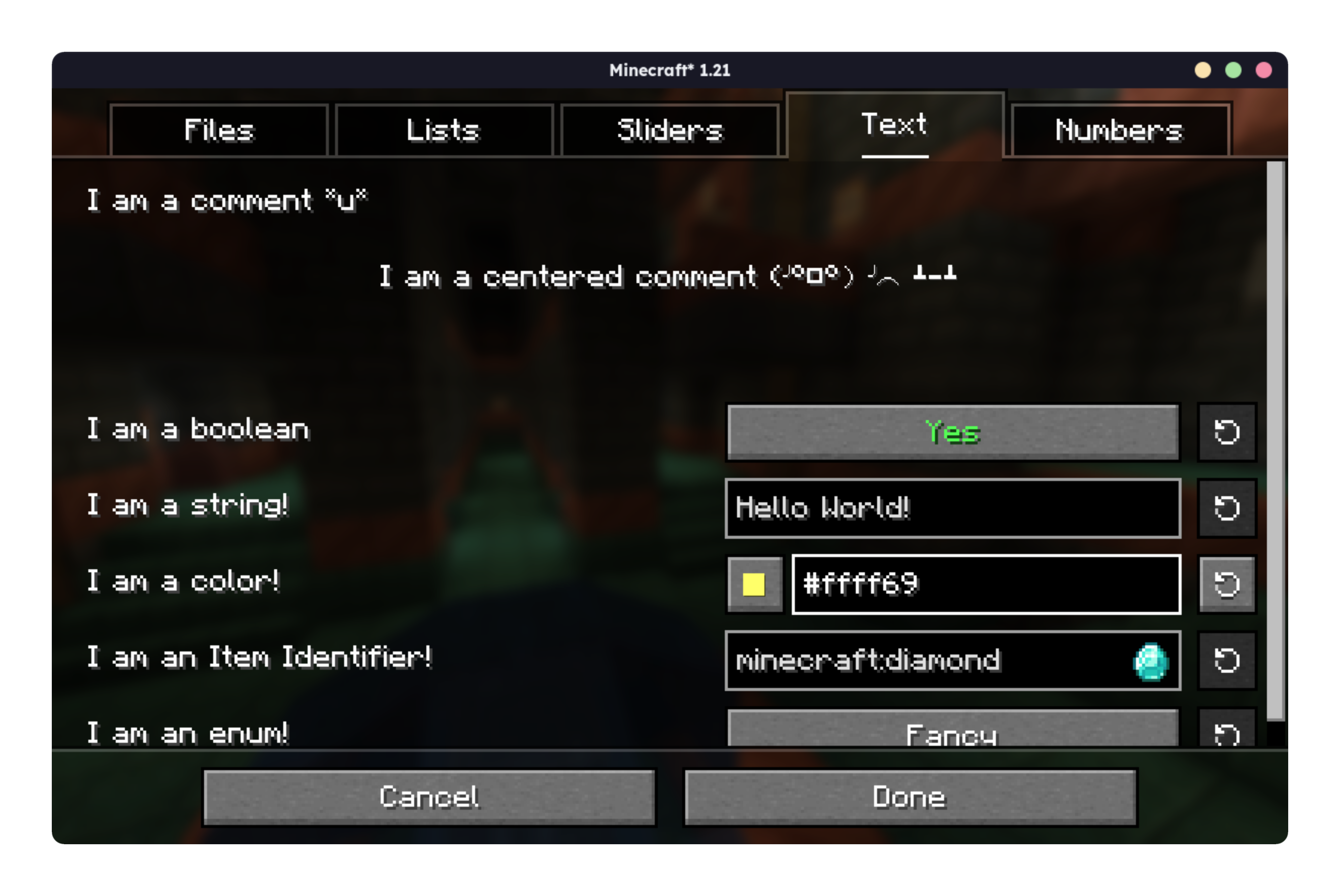 Example configuration screen