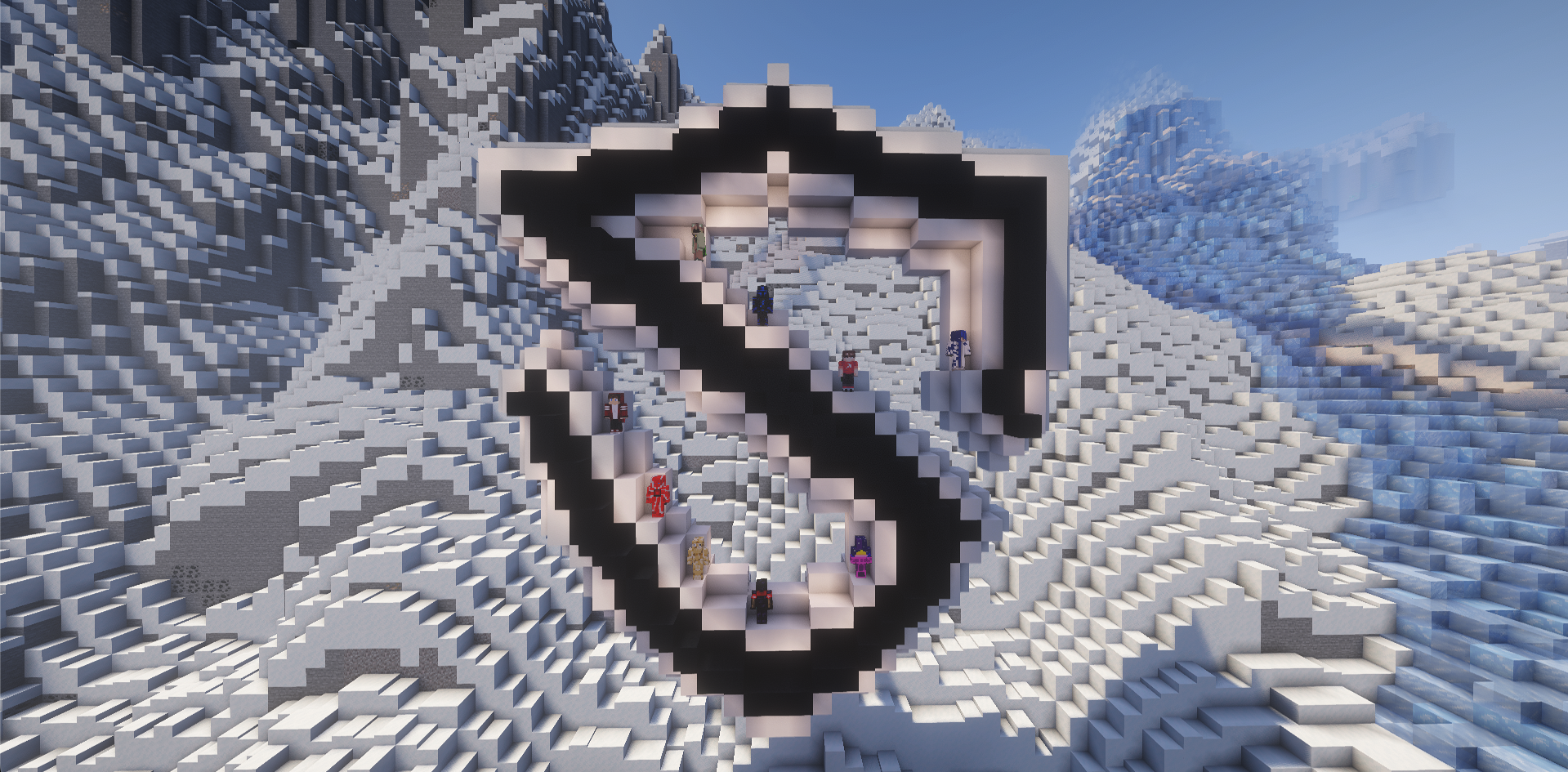 The SecurityCraft logo at spawn. Staff members and some active players are standing on top of it.