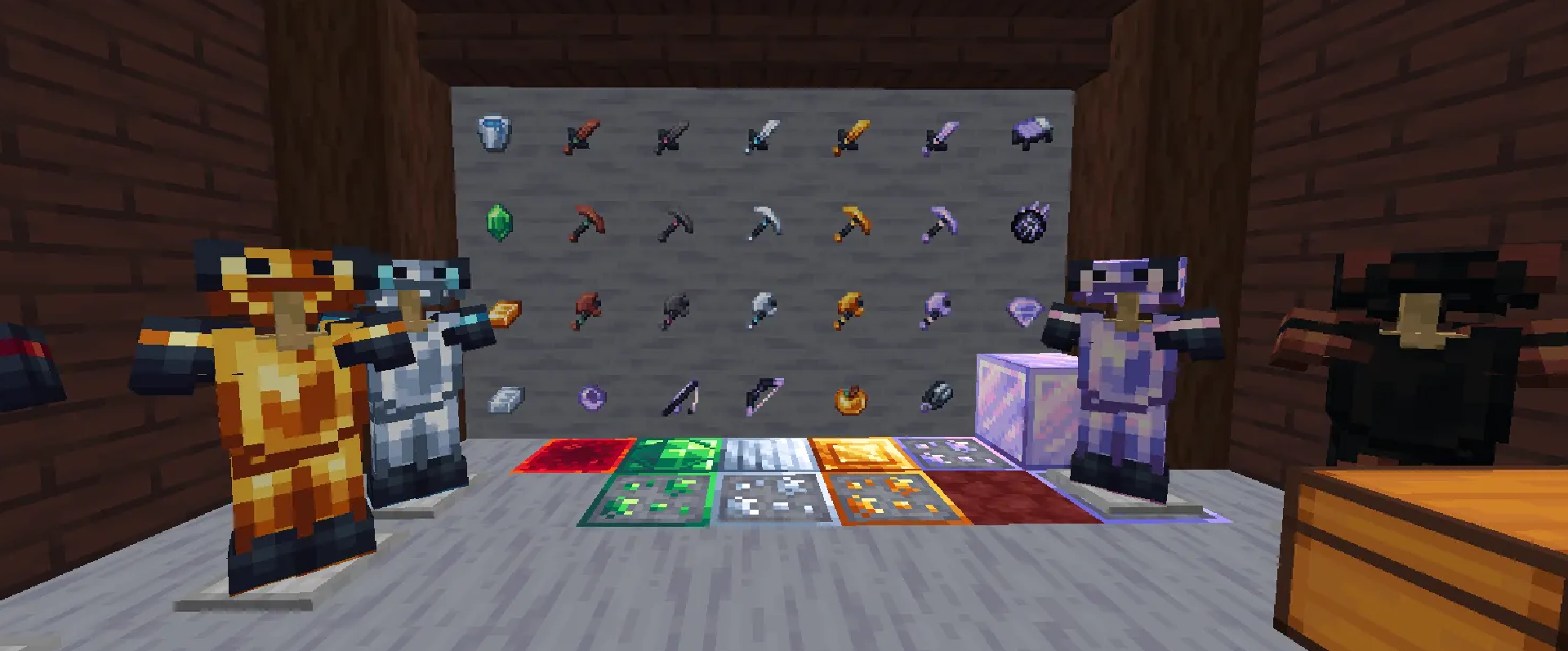 A screenshot with minecraft armor sets, tools, and various utility items and ores.