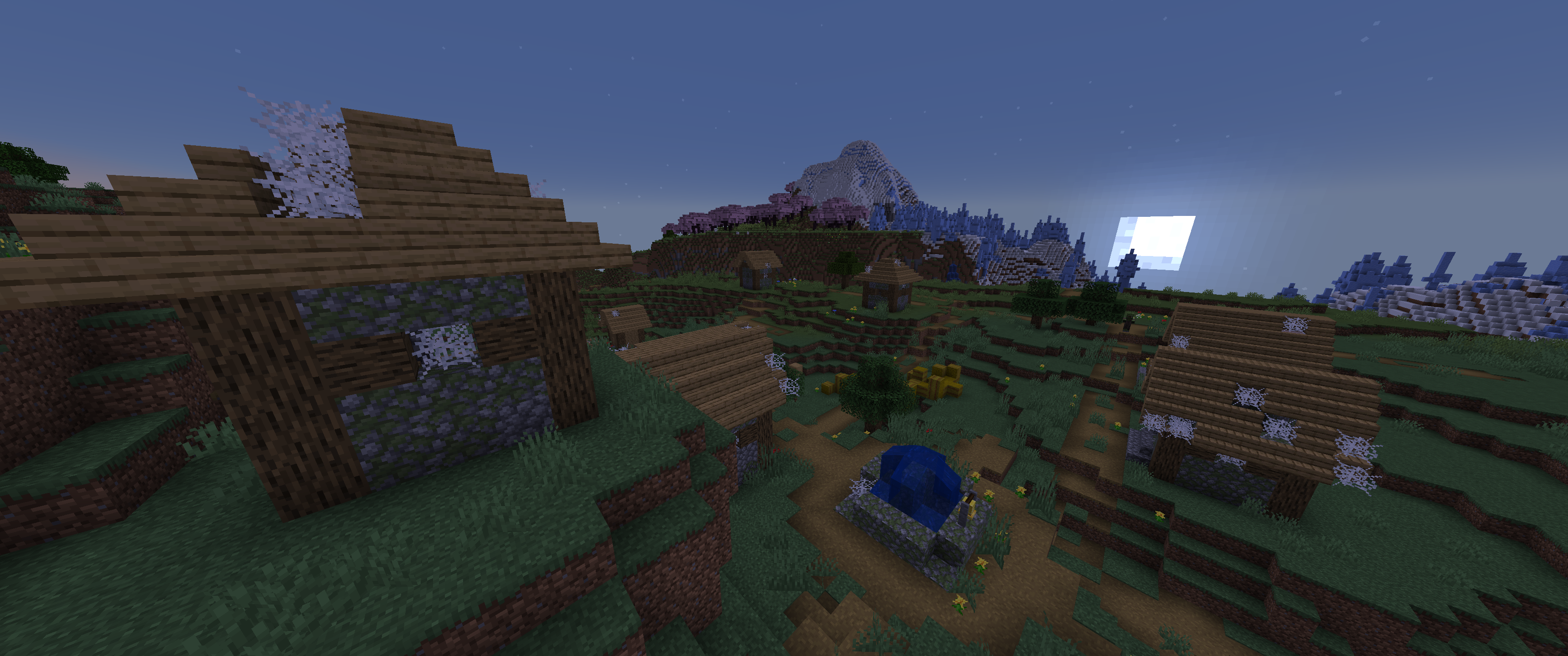 a village filled with cobwebs and without villagers in a meadow, with a cherry grove, ice spikes and frozen peak in the backdrop