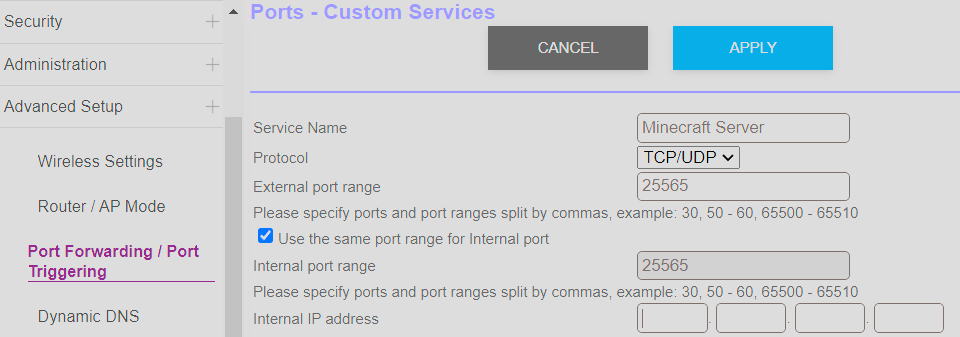 Port forwarding setup