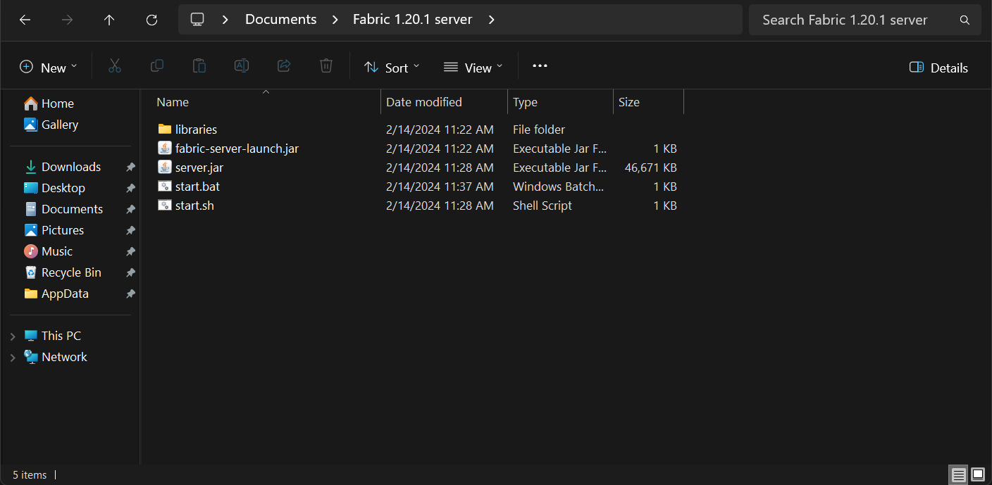 Server files after using the Fabric installer