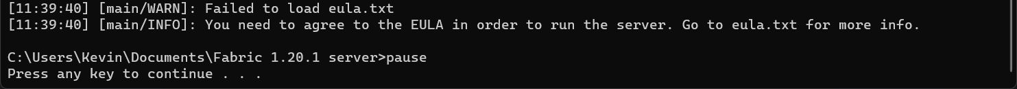 A successful first run of "start.bat" with the EULA warning