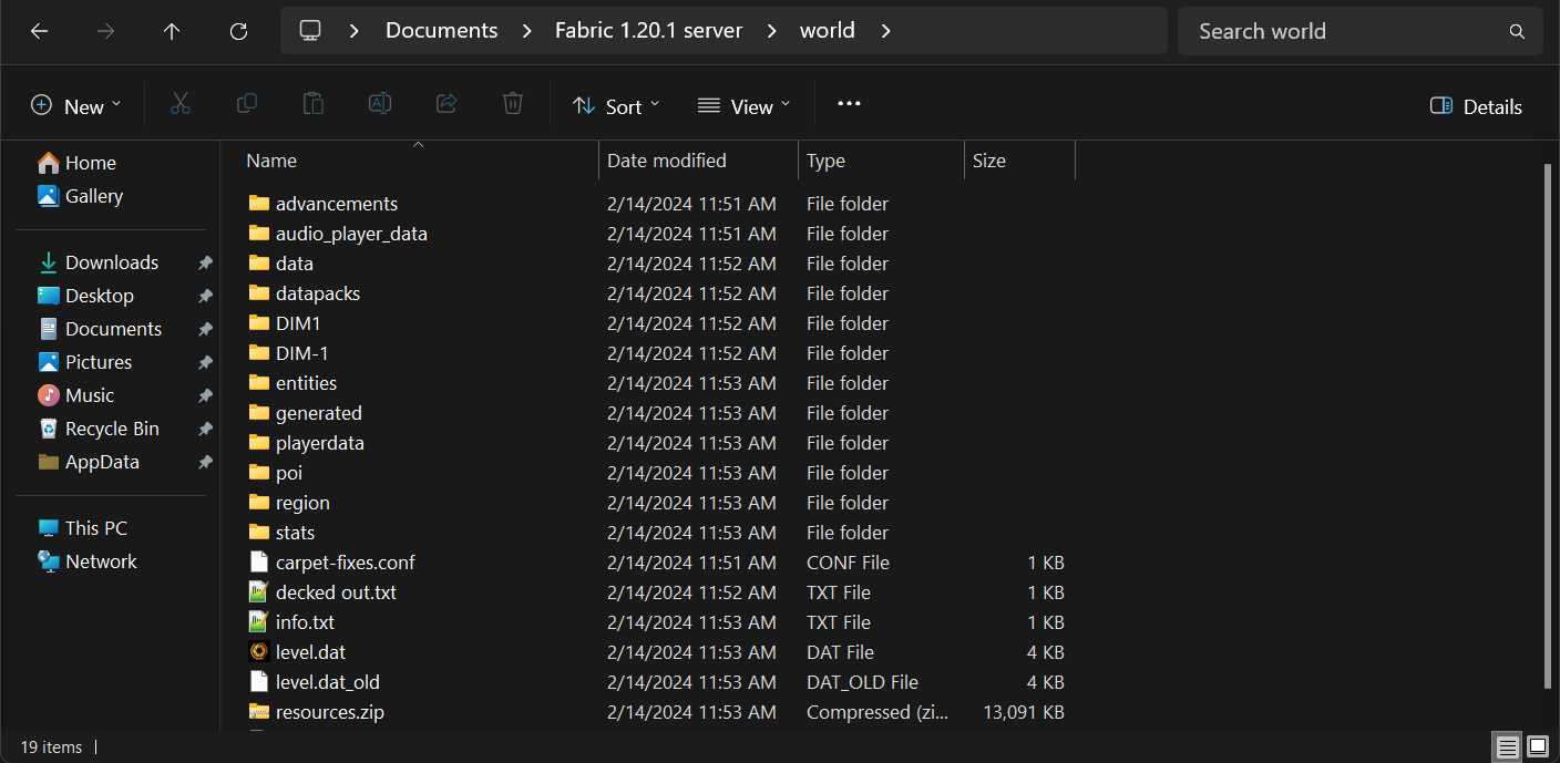 Contents of the unzipped Hermitcraft world folder