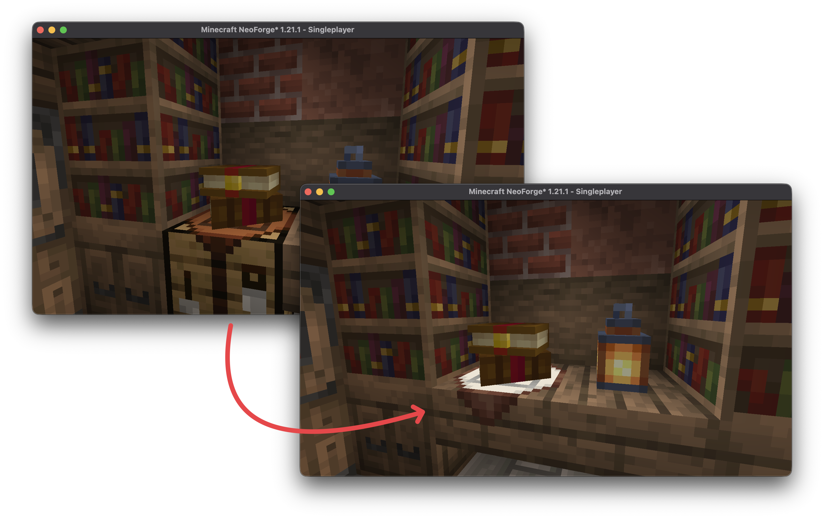 A before and after of a build, showing a crafting table being jammed in a space for convenience versus a crafting mat filling that same space with more style points