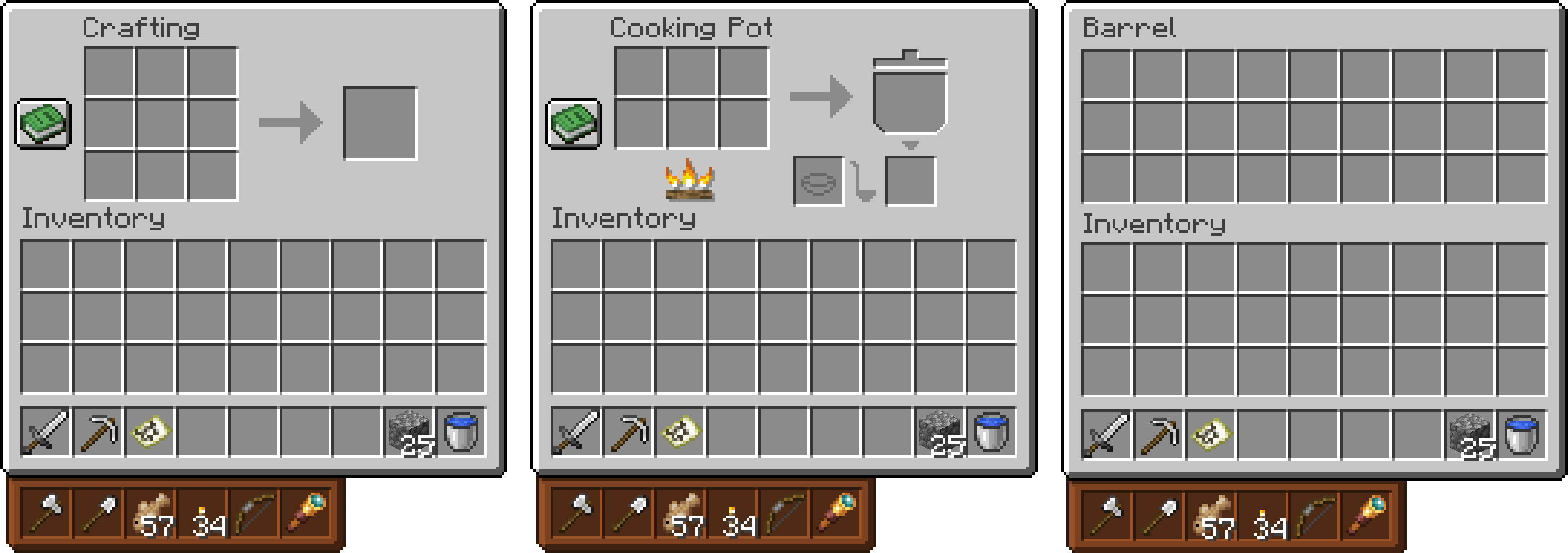 A demonstration of the Satchel showing its slots in the Barrel, Crafting Table, and Farmer's Delight Cooking Pot UIs