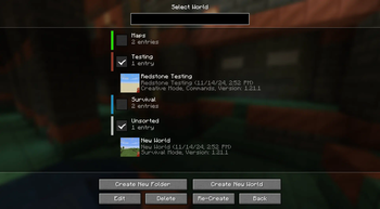 Select World screen with some Folders open