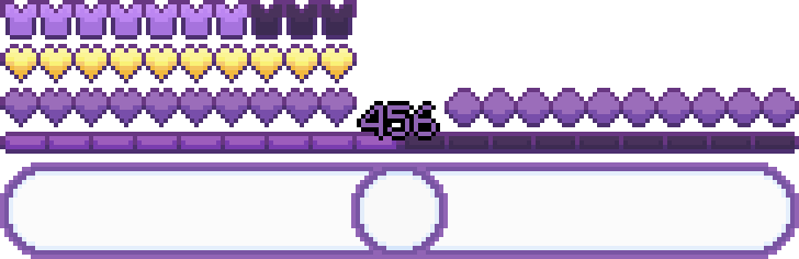 Hotbar image with a preview of the health, absorption, armor and hunger icons, along with the XP bar. Also, featuring the hotbar slots of my other resource pack: Purple GUI