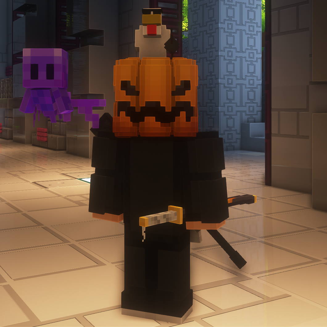Player with Pumpkin, Gangster Chicken, Purple Allay, and Katana
