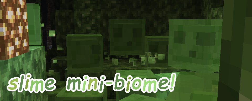 A picture of a bunch of slimes in an oozy cavern, with text that says 'slime mini-biome!'