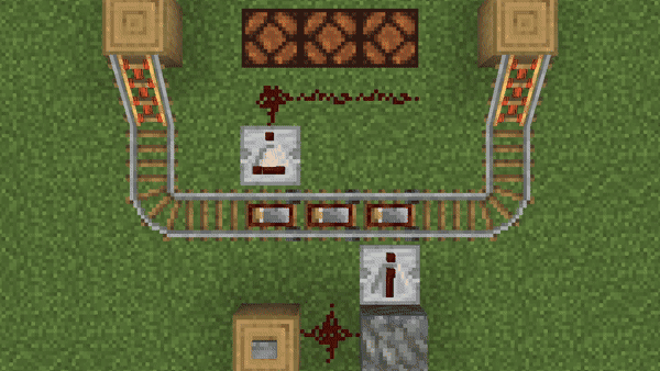 An Interruption Rail queue. Minecarts travel from the left to right, stopping at the last of the three Interruption Rails placed in the center. They only exit when the rails are activated.