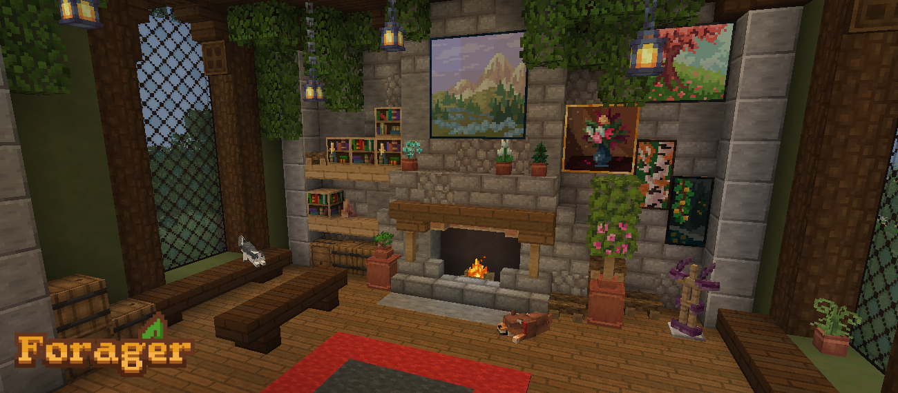 An room interior with large windows, a fireplace, a dog sleeping and a cat stretching